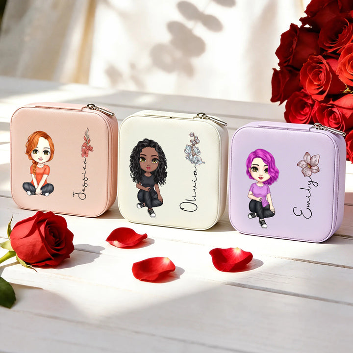 Personalized Cartoon Portrait Jewelry Box Custom Birth Flower Name Bridesmaid Birthday Gift for Her