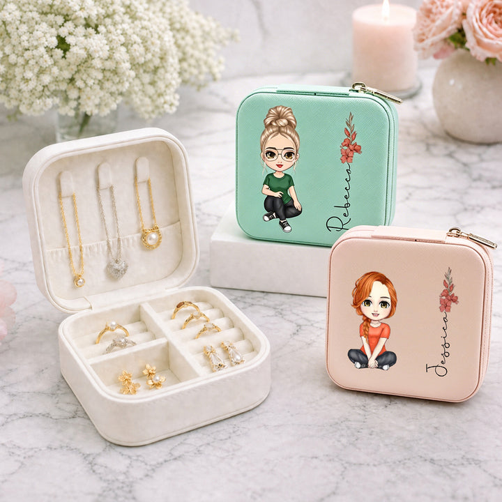 Personalized Cartoon Portrait Jewelry Box Custom Birth Flower Name Bridesmaid Birthday Gift for Her