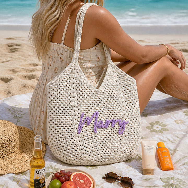 Personalized Crochet Tote Bag Custom Name Font Flower Beach Bag Bridesmaid Bachelorette Wedding Gift for Her