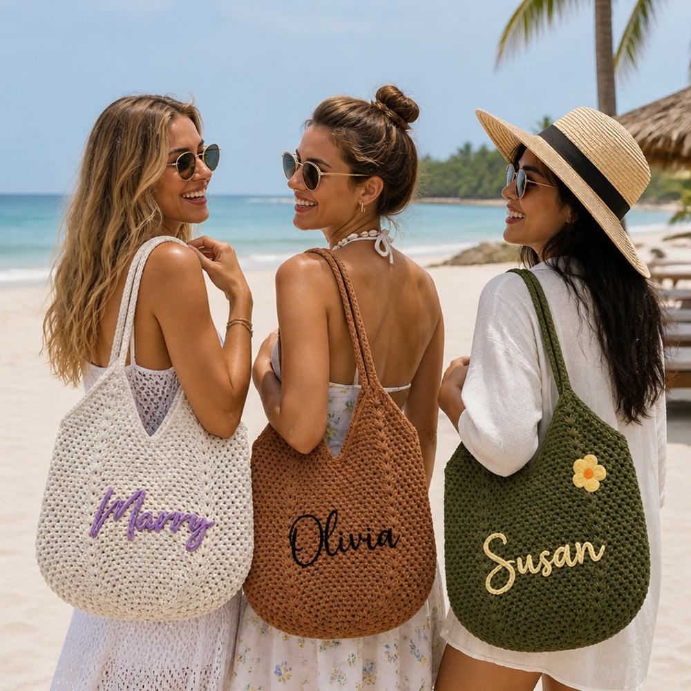 Personalized Crochet Tote Bag Custom Name Font Flower Beach Bag Bridesmaid Bachelorette Wedding Gift for Her