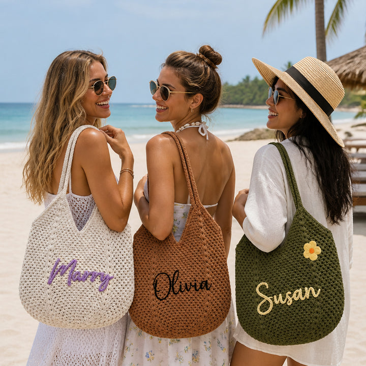 Personalized Crochet Tote Bag Custom Name Font Flower Beach Bag Bridesmaid Bachelorette Wedding Gift for Her