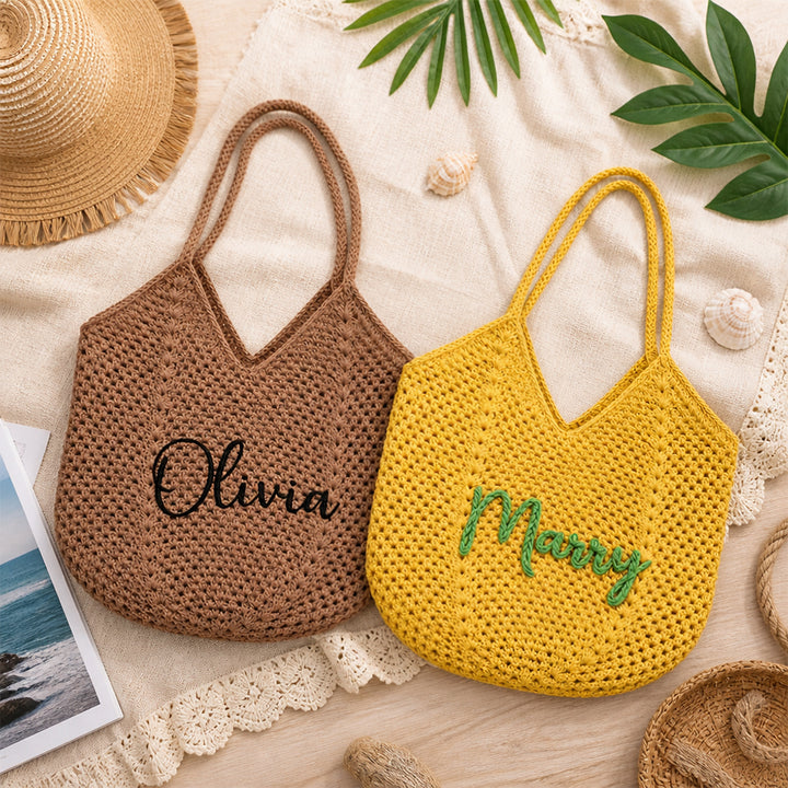 Personalized Crochet Tote Bag Custom Name Font Flower Beach Bag Bridesmaid Bachelorette Wedding Gift for Her