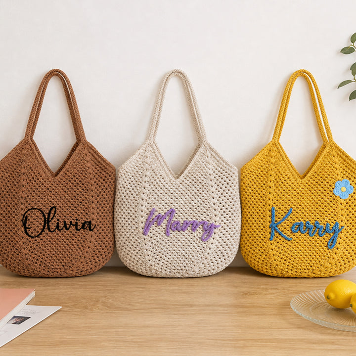 Personalized Crochet Tote Bag Custom Name Font Flower Beach Bag Bridesmaid Bachelorette Wedding Gift for Her