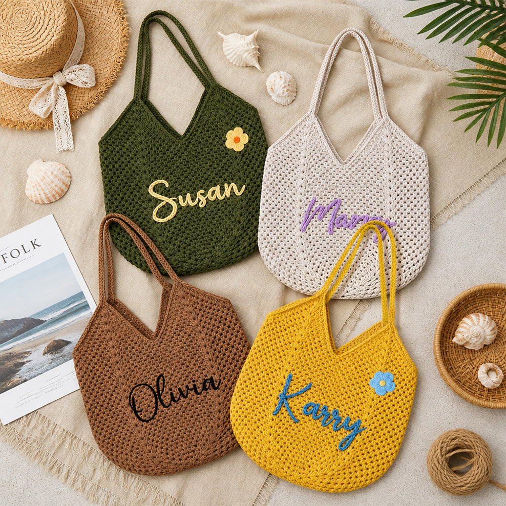 Personalized Crochet Tote Bag Custom Name Font Flower Beach Bag Bridesmaid Bachelorette Wedding Gift for Her