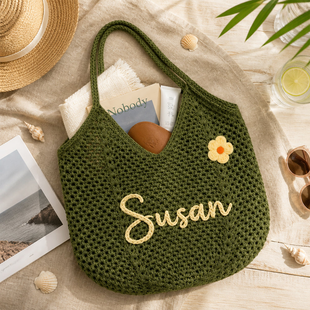 Personalized Crochet Tote Bag Custom Name Font Flower Beach Bag Bridesmaid Bachelorette Wedding Gift for Her