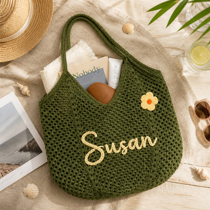 Personalized Crochet Tote Bag Custom Name Font Flower Beach Bag Bridesmaid Bachelorette Wedding Gift for Her