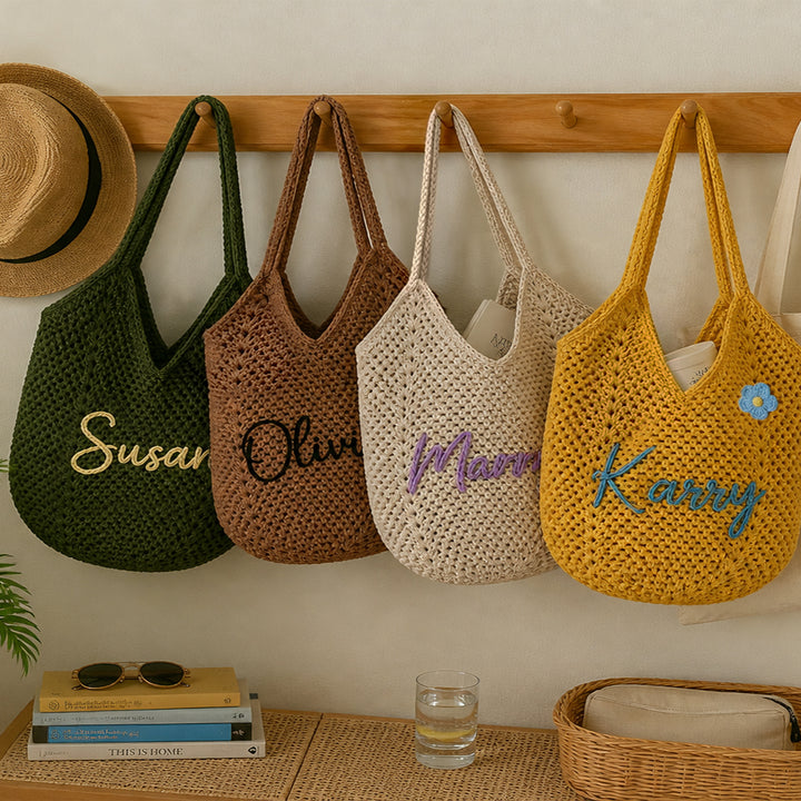 Personalized Crochet Tote Bag Custom Name Font Flower Beach Bag Bridesmaid Bachelorette Wedding Gift for Her