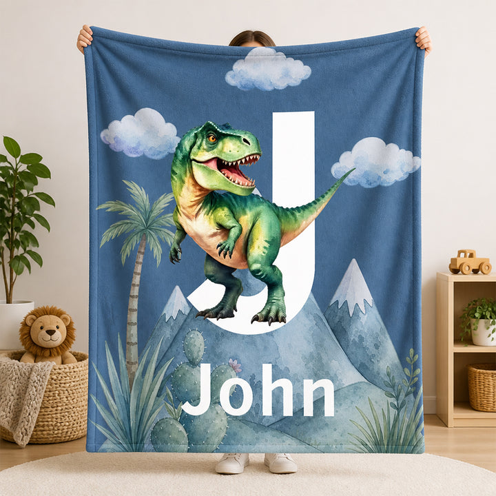Personalized Dinosaur Throw Blanket Custom Name Initial Birthday Baby Shower Gift for Kids