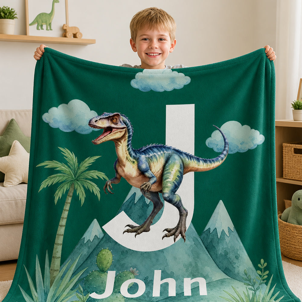 Personalized Dinosaur Throw Blanket Custom Name Initial Birthday Baby Shower Gift for Kids