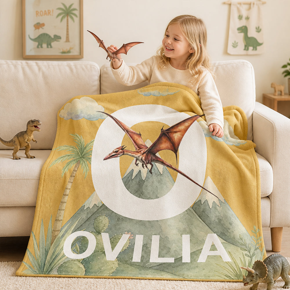 Personalized Dinosaur Throw Blanket Custom Name Initial Birthday Baby Shower Gift for Kids