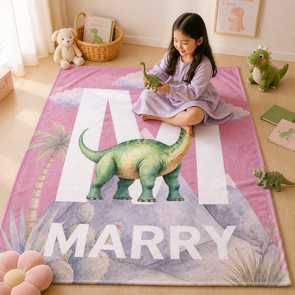 Personalized Dinosaur Throw Blanket Custom Name Initial Birthday Baby Shower Gift for Kids