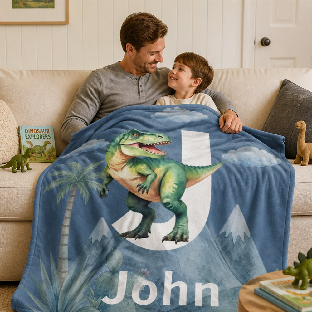 Personalized Dinosaur Throw Blanket Custom Name Initial Birthday Baby Shower Gift for Kids