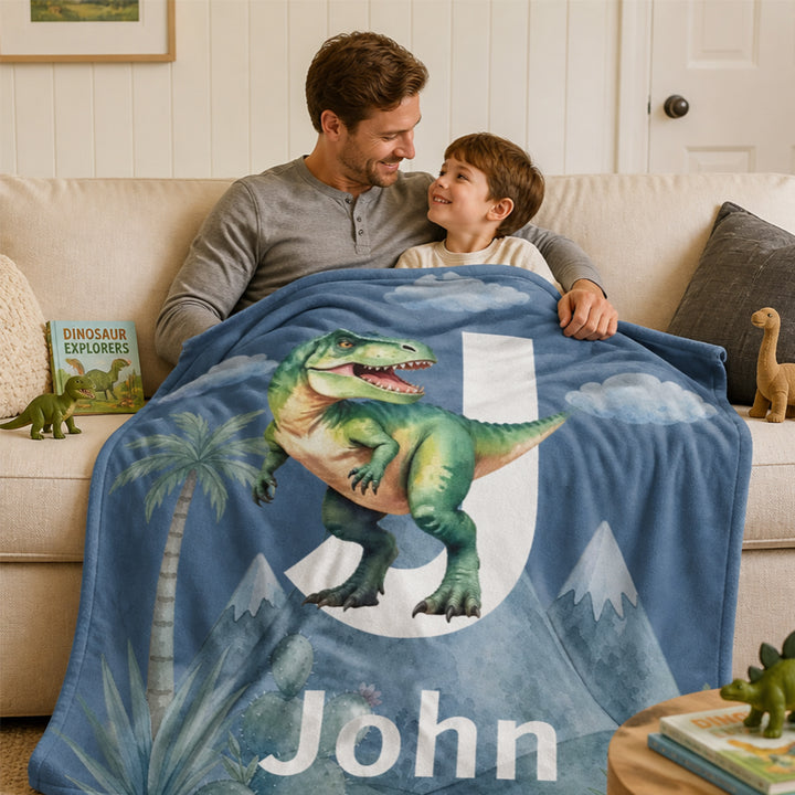 Personalized Dinosaur Throw Blanket Custom Name Initial Birthday Baby Shower Gift for Kids