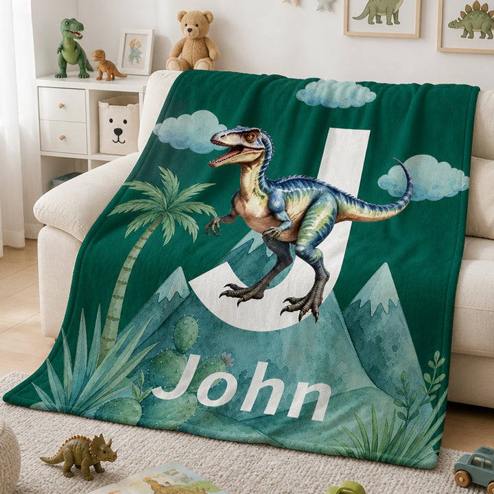Personalized Dinosaur Throw Blanket Custom Name Initial Birthday Baby Shower Gift for Kids