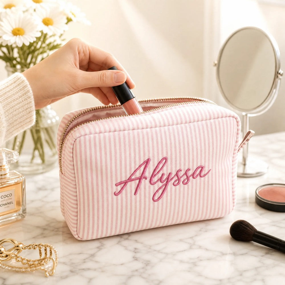 Personalized Embroidered Makeup Bag Custom Name Cosmetic Pouch Bridesmaid Birthday Mother‘s Day Gift for Her
