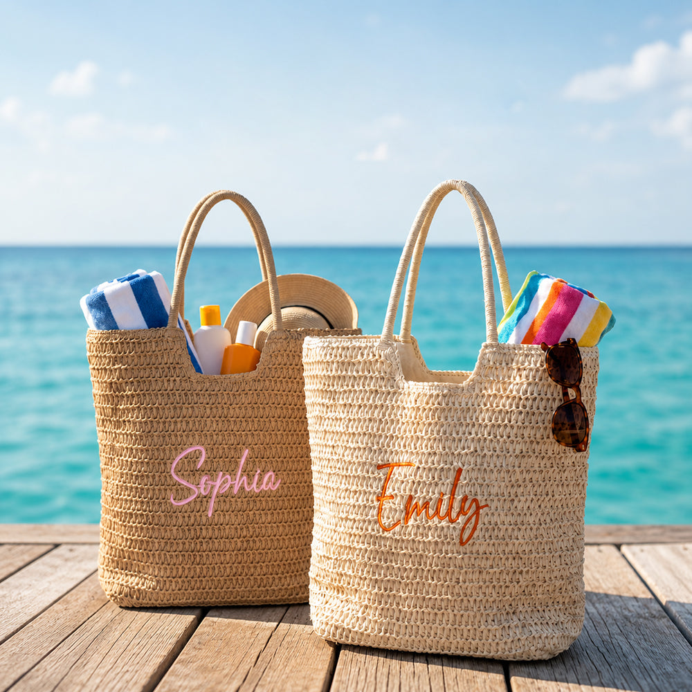 Personalized Flat Embroidery Straw Beach Tote Bag Custom Name Bachelorette Summer Gift for Her
