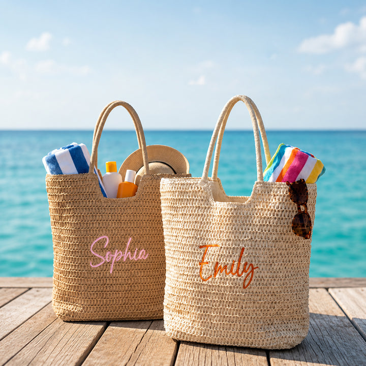 Personalized Flat Embroidery Straw Beach Tote Bag Custom Name Bachelorette Summer Gift for Her