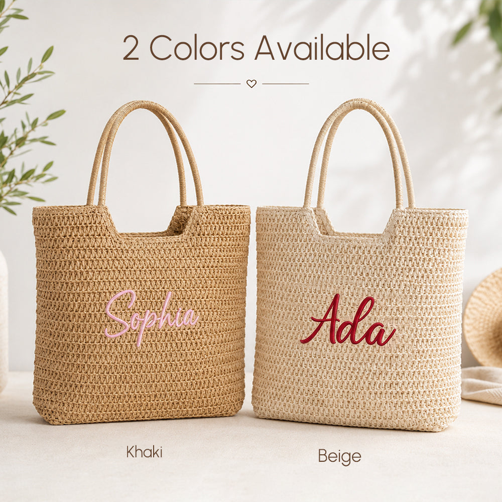 Personalized Flat Embroidery Straw Beach Tote Bag Custom Name Bachelorette Summer Gift for Her