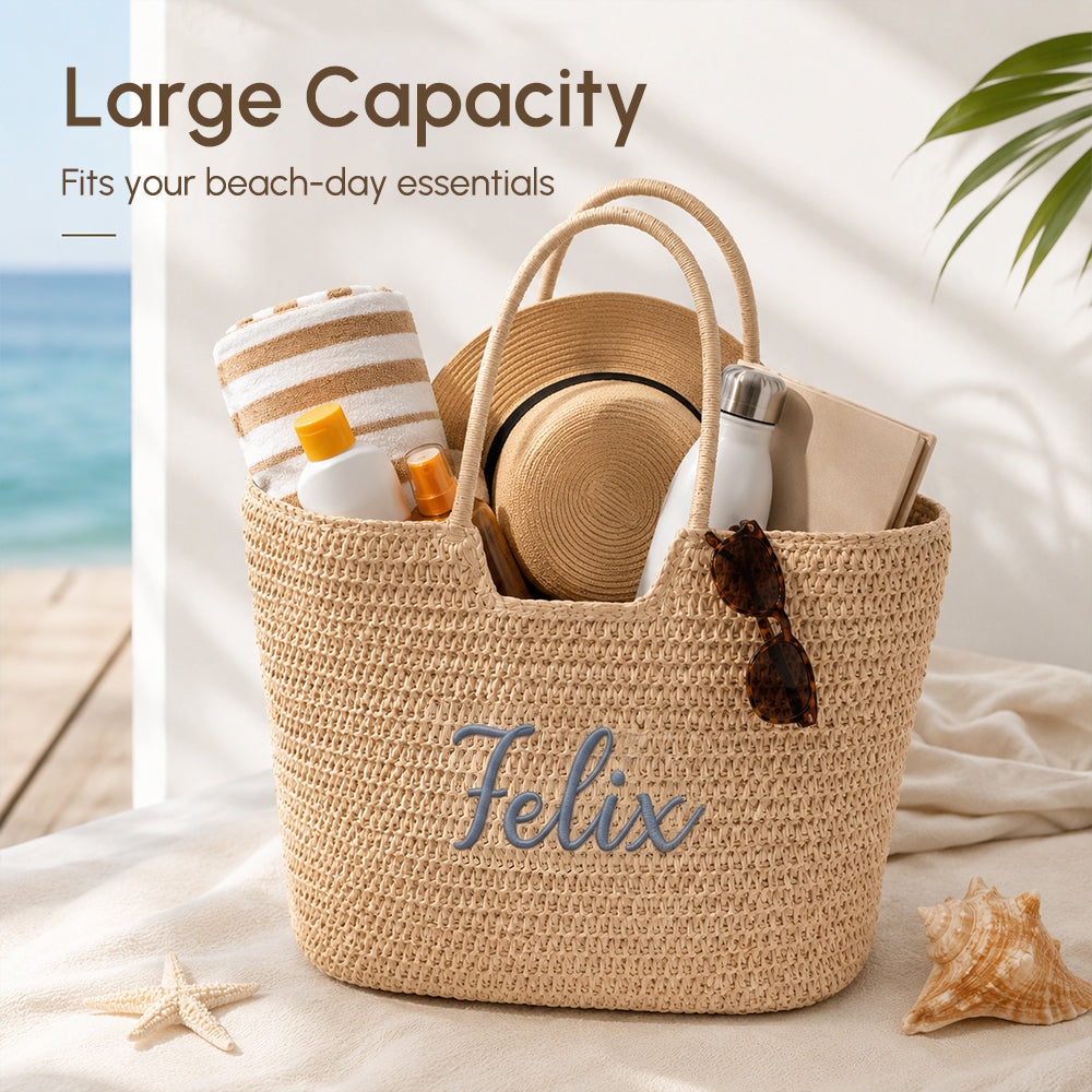 Personalized Flat Embroidery Straw Beach Tote Bag Custom Name Bachelorette Summer Gift for Her