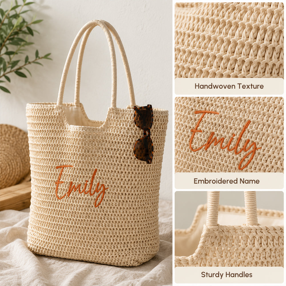 Personalized Flat Embroidery Straw Beach Tote Bag Custom Name Bachelorette Summer Gift for Her