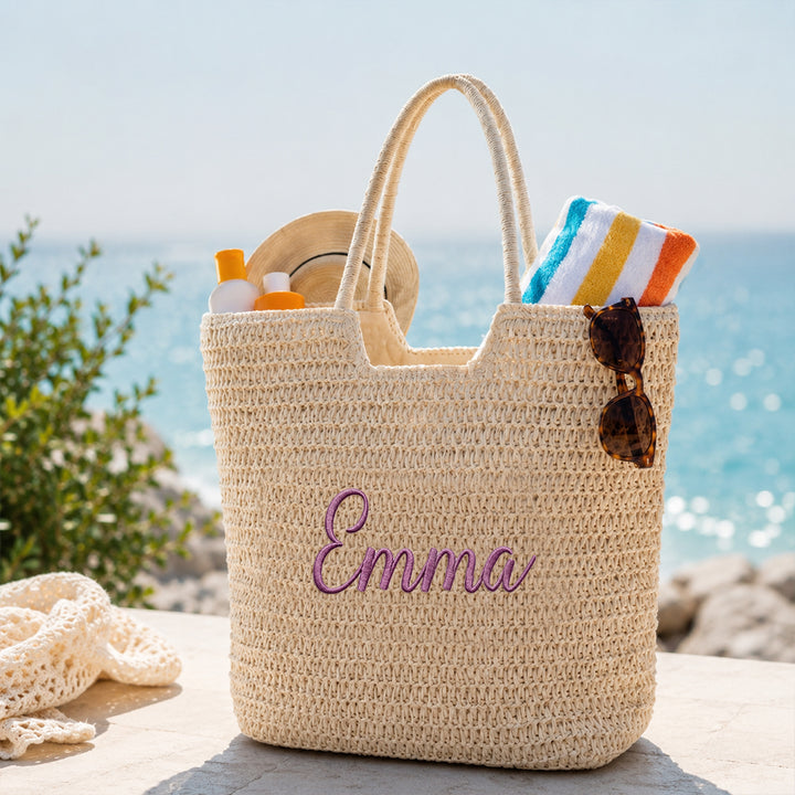 Personalized Flat Embroidery Straw Beach Tote Bag Custom Name Bachelorette Summer Gift for Her