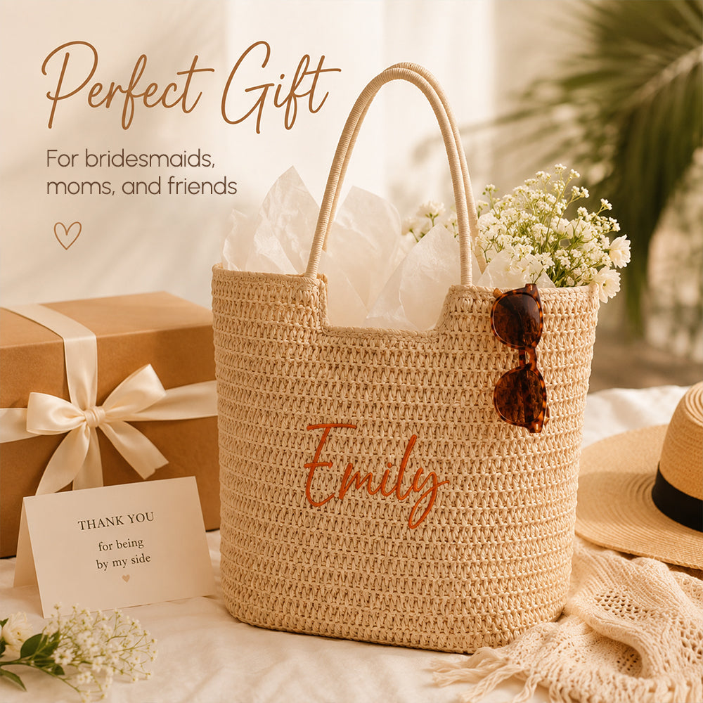 Personalized Flat Embroidery Straw Beach Tote Bag Custom Name Bachelorette Summer Gift for Her