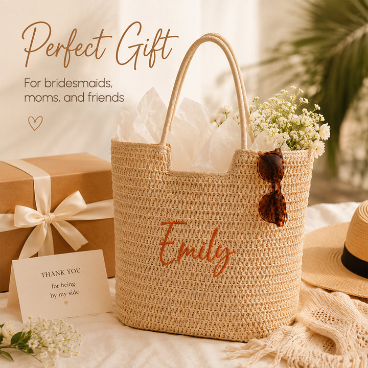 Personalized Flat Embroidery Straw Beach Tote Bag Custom Name Bachelorette Summer Gift for Her