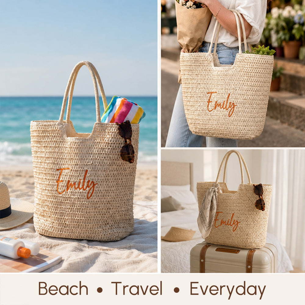Personalized Flat Embroidery Straw Beach Tote Bag Custom Name Bachelorette Summer Gift for Her