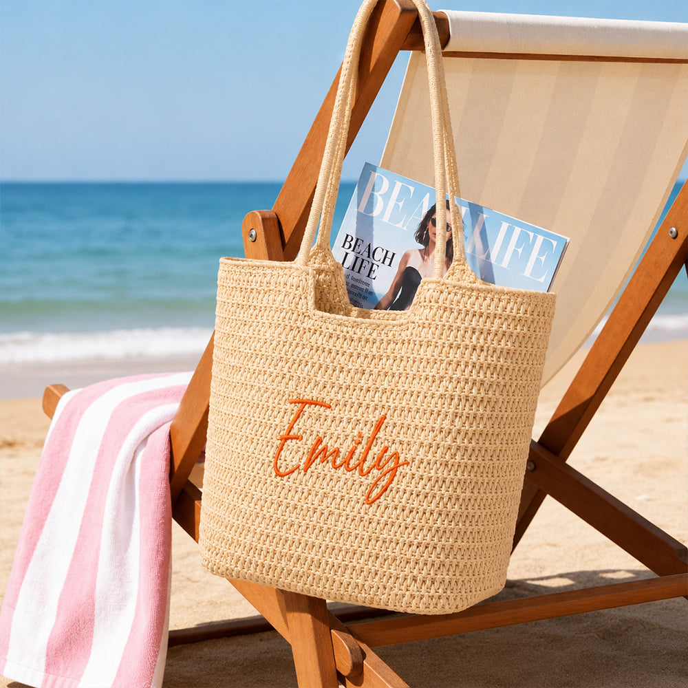 Personalized Flat Embroidery Straw Beach Tote Bag Custom Name Bachelorette Summer Gift for Her