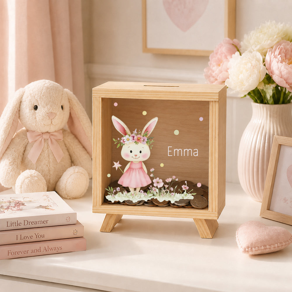 Personalized Floral Animal Wooden Clear Money Box Custom Name  Piggy Bank Room Decor Birthday Gift for Girls Kids