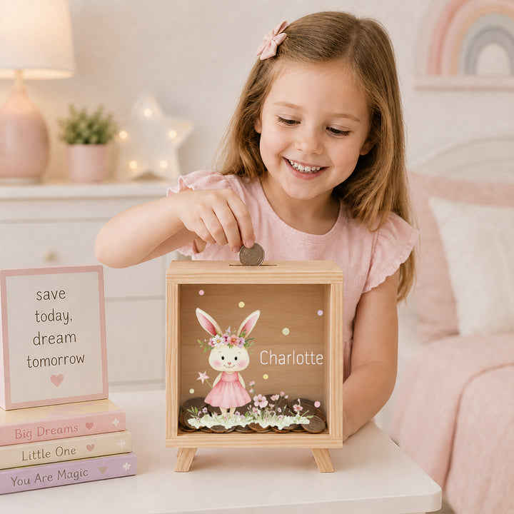 Personalized Floral Animal Wooden Clear Money Box Custom Name  Piggy Bank Room Decor Birthday Gift for Girls Kids