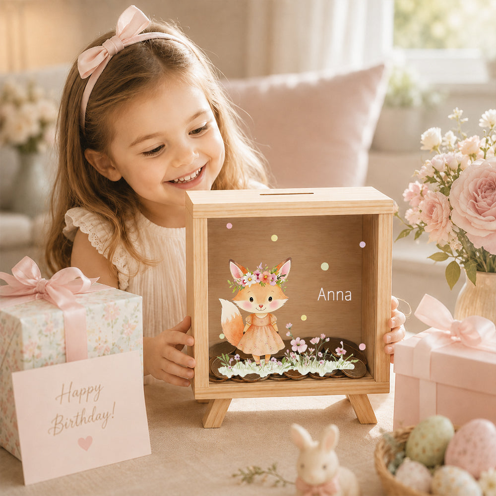 Personalized Floral Animal Wooden Clear Money Box Custom Name  Piggy Bank Room Decor Birthday Gift for Girls Kids