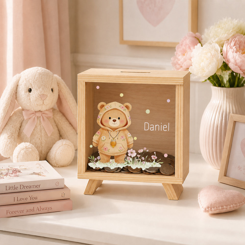 Personalized Floral Animal Wooden Clear Money Box Custom Name  Piggy Bank Room Decor Birthday Gift for Girls Kids