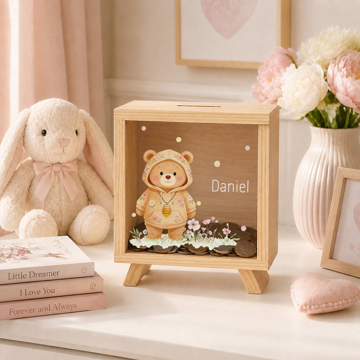 Personalized Floral Animal Wooden Clear Money Box Custom Name  Piggy Bank Room Decor Birthday Gift for Girls Kids
