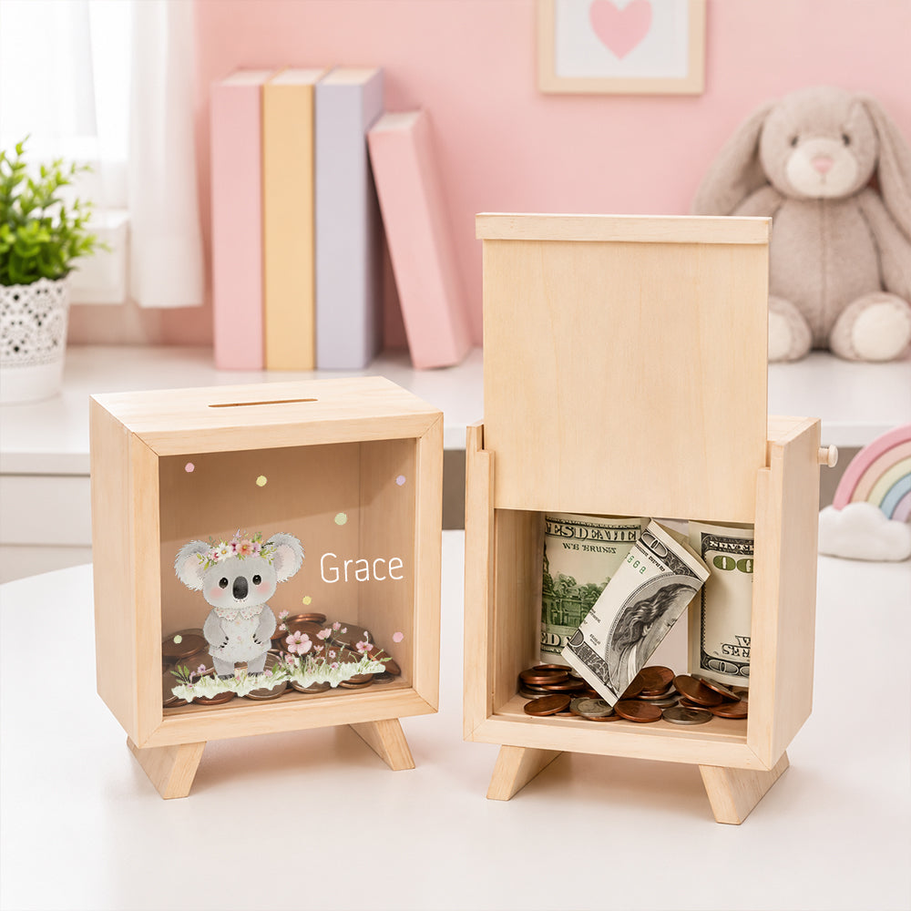 Personalized Floral Animal Wooden Clear Money Box Custom Name  Piggy Bank Room Decor Birthday Gift for Girls Kids