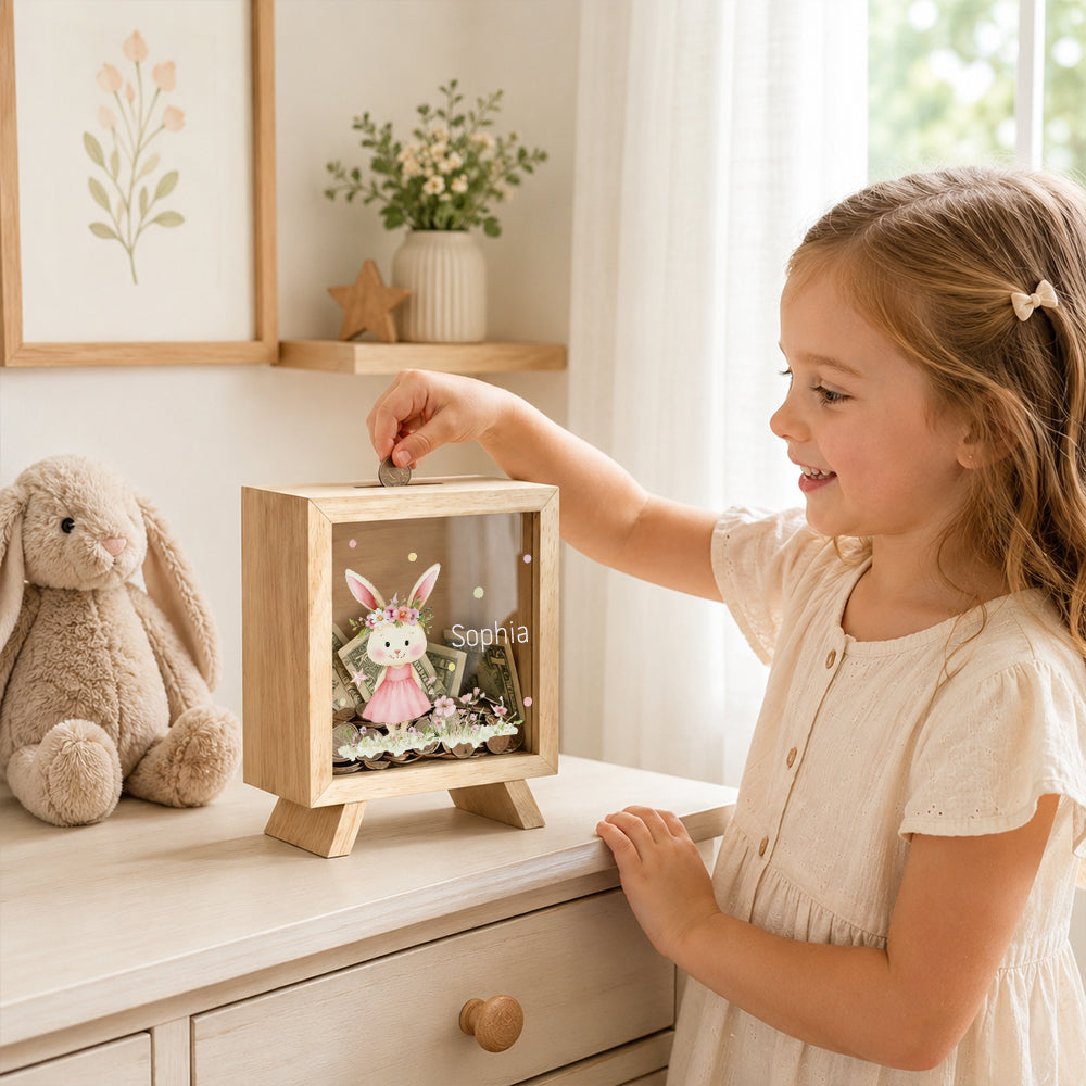 Personalized Floral Animal Wooden Clear Money Box Custom Name  Piggy Bank Room Decor Birthday Gift for Girls Kids
