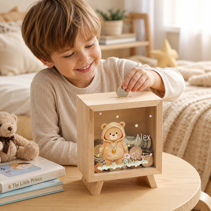 Personalized Floral Animal Wooden Clear Money Box Custom Name  Piggy Bank Room Decor Birthday Gift for Girls Kids