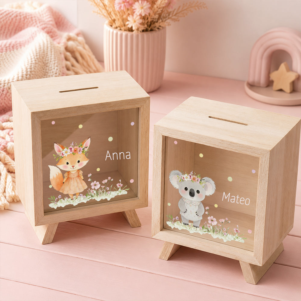 Personalized Floral Animal Wooden Clear Money Box Custom Name  Piggy Bank Room Decor Birthday Gift for Girls Kids