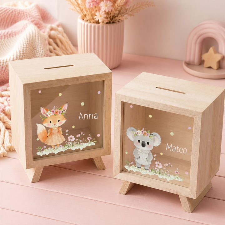Personalized Floral Animal Wooden Clear Money Box Custom Name  Piggy Bank Room Decor Birthday Gift for Girls Kids