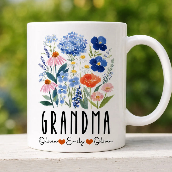 Personalized Floral Grandma Mug Custom Grandkids Names Mother&