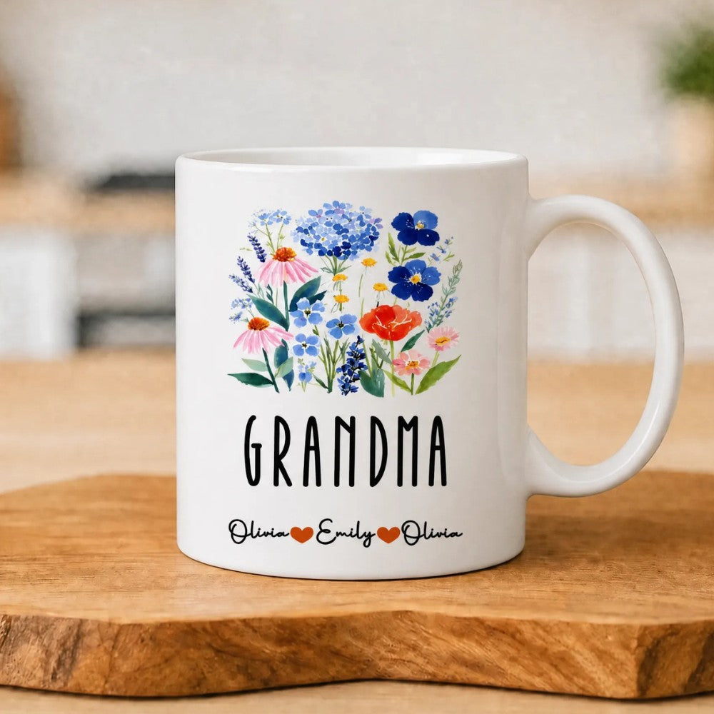Personalized Floral Grandma Mug Custom Grandkids Names Mother&