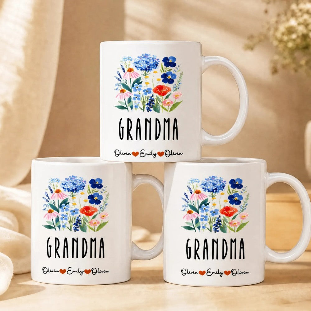 Personalized Floral Grandma Mug Custom Grandkids Names Mother&