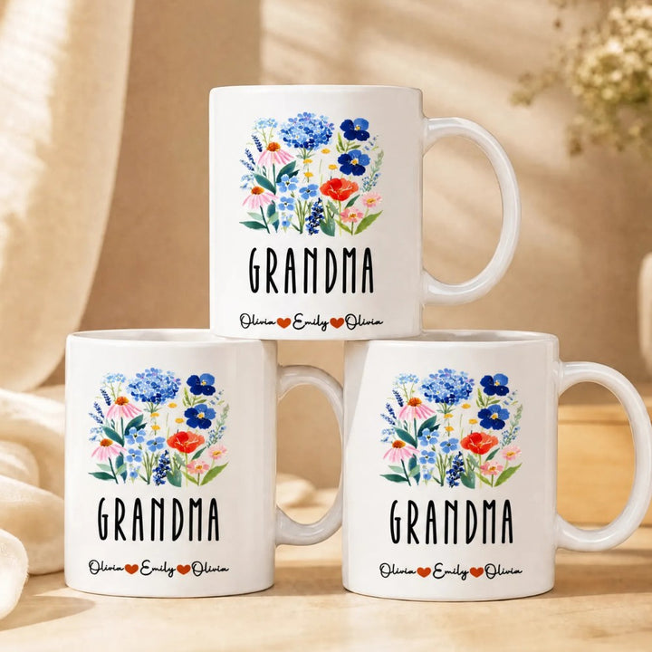 Personalized Floral Grandma Mug Custom Grandkids Names Mother&