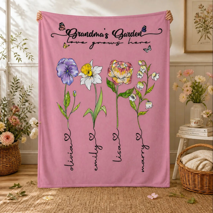 Personalized Grandmas Garden Blanket Custom Birth Flower Names Flannel Throw Grandma Nana Mother&