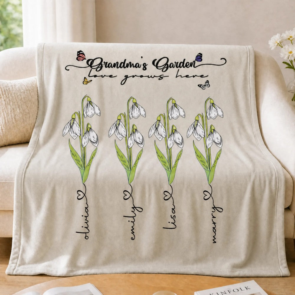 Personalized Grandmas Garden Blanket Custom Birth Flower Names Flannel Throw Grandma Nana Mother&