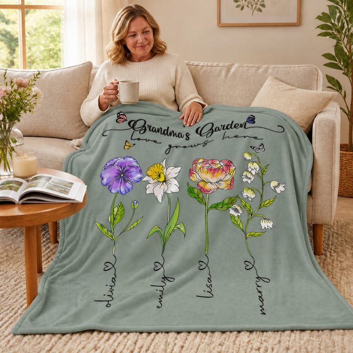 Personalized Grandmas Garden Blanket Custom Birth Flower Names Flannel Throw Grandma Nana Mother&
