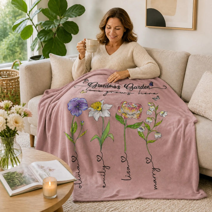 Personalized Grandmas Garden Blanket Custom Birth Flower Names Flannel Throw Grandma Nana Mother&