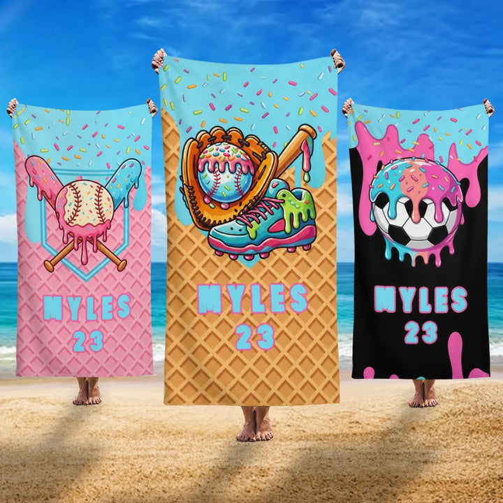Personalized Ice Cream Sports Beach Towel Custom Name Number Baseball Ice Cream Gifts for Players Birthday