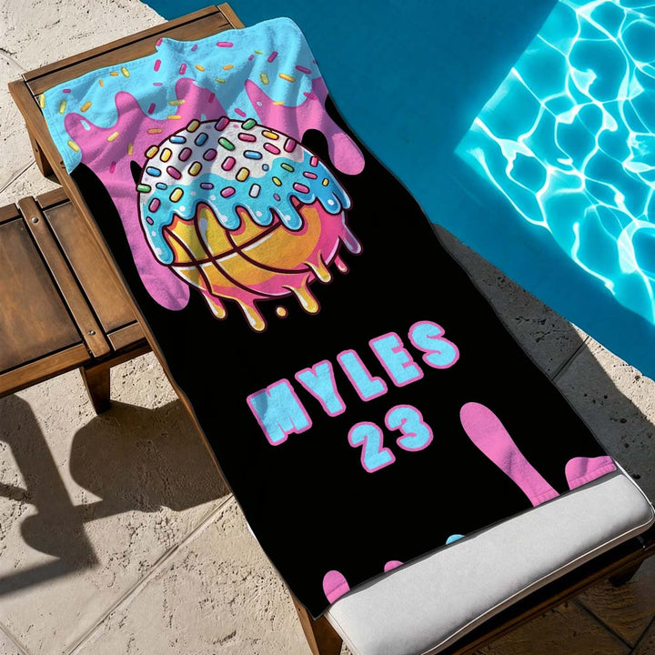 Personalized Ice Cream Sports Beach Towel Custom Name Number Baseball Ice Cream Gifts for Players Birthday