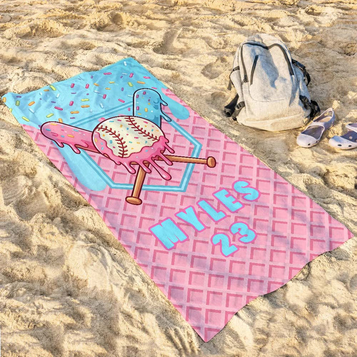 Personalized Ice Cream Sports Beach Towel Custom Name Number Baseball Ice Cream Gifts for Players Birthday